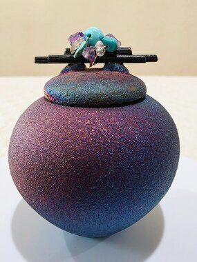 Jeremy Diller Raku Pottery Mini Dream Jar Signed Studio Art Vessel Gemstones P6